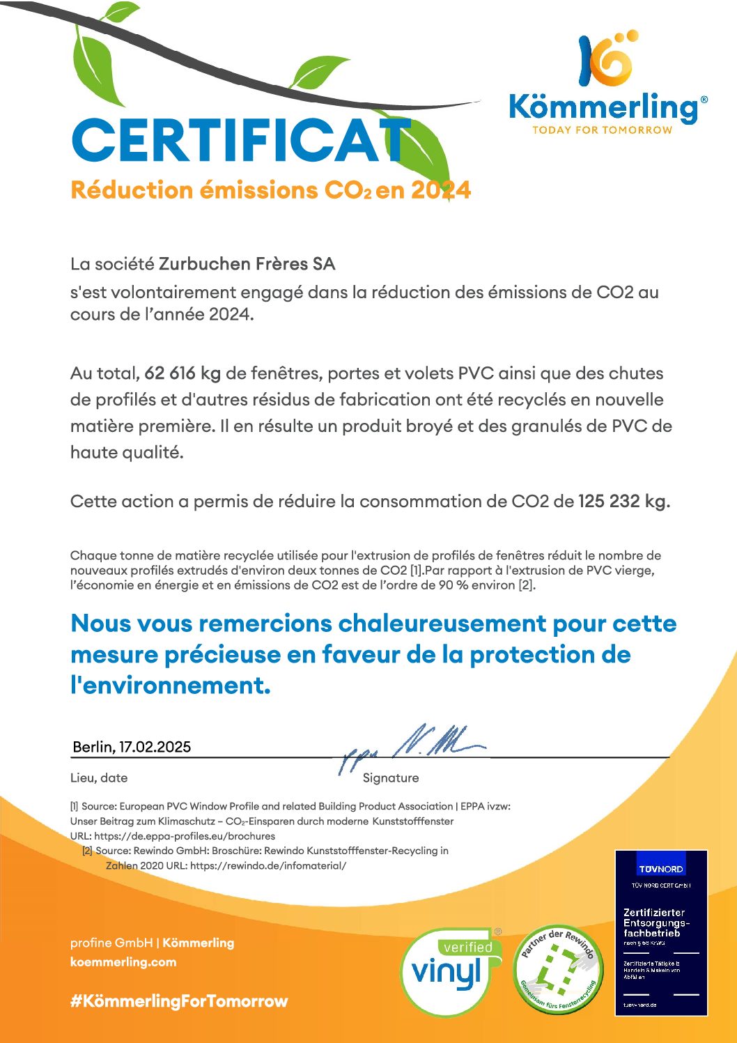 Urkunde CO2-Einsparung Kömmerling 2024_Zurbuchen Frères SA_französisch